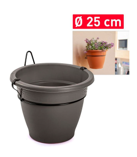 Tradineur - Maceta redonda de plástico con soporte para pared, macetero, tiesto colgar, recipiente para plantas, flores, balcón, porche, hogar, fabricada en España (Antracita - Ø 25 cm)