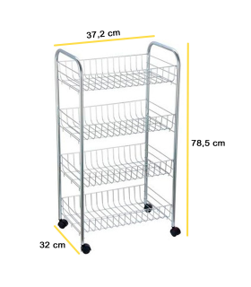 Tradineur - Carrito verdulero de cocina metálico con ruedas, 4 niveles, estantería para almacenamiento de frutas, verduras, gris, 78,5 x 37,2 x 32 cm