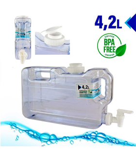 Tradineur - Dispensador de bebidas de plástico 4,2 litros con grifo y asa 20,5 x 7,5 x 39 cm, botella dispensadora agua para frigorífico, tanque, garrafa reutilizable con grifo para nevera