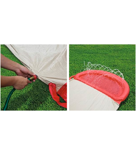 Tradineur - Pista Deslizante Hinchable - Bolera "H2O GO!" - Incluye 6 bolos - Pulverizador de agua con conexión a manguera de jardín

