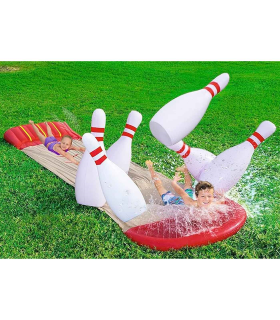 Tradineur - Pista Deslizante Hinchable - Bolera "H2O GO!" - Incluye 6 bolos - Pulverizador de agua con conexión a manguera de jardín

