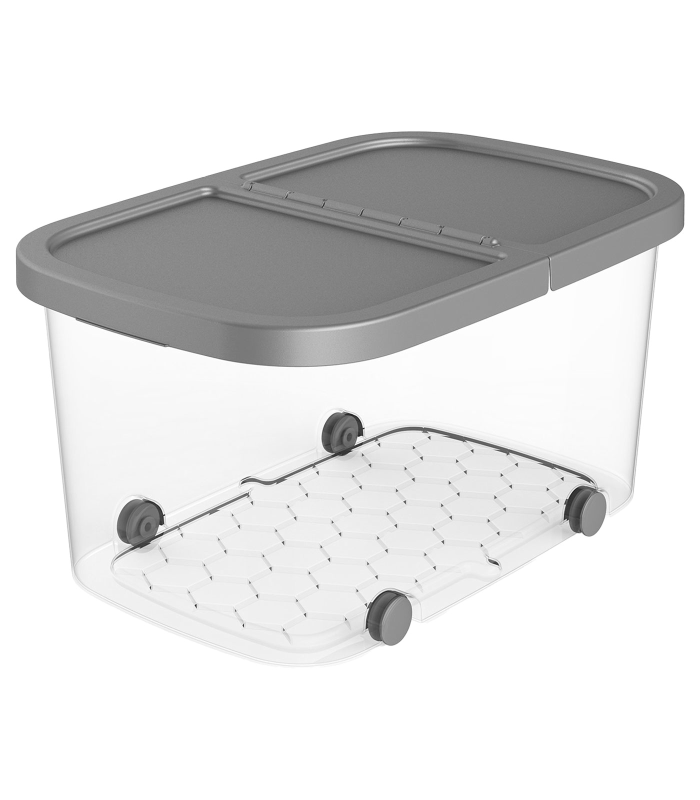 Tradineur - Caja de almacenamiento con ruedas y tapa con doble abertura, plástico, contenedor, juguetes, libros, ropa, mantas, fabricada en España (Plata - 34 litros - 50 x 36 x 28,5 cm)