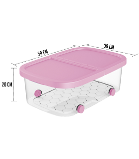 Tradineur - Caja de almacenamiento con ruedas y tapa con doble abertura, plástico, contenedor, juguetes, libros, ropa, mantas, fabricada en España (Rosa - 32 litros - 59 x 39 x 20 cm)