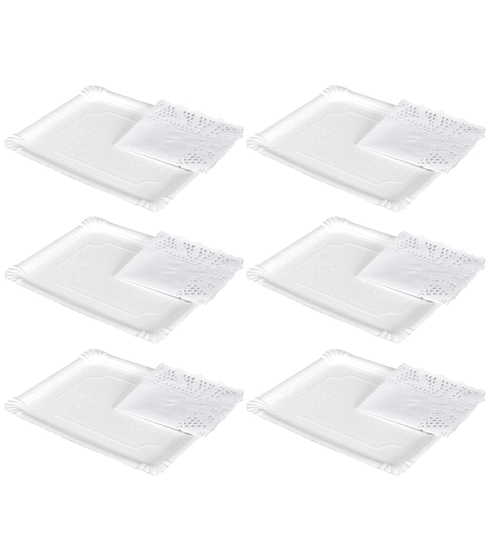 Tradienur - Pack de 6 bandejas y blondas rectangulares - Fabricación de cartón que incluyen blondas caladas 100% reciclables - Apto para uso alimentario - 31 x 38 cm - Color Blanco