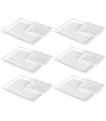 Tradienur - Pack de 6 bandejas y blondas rectangulares - Fabricación de cartón que incluyen blondas caladas 100% reciclables - Apto para uso alimentario - 31 x 38 cm - Color Blanco