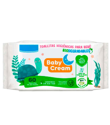 Tradineur - Toallitas húmedas para bebé Baby Cream - Incluye 60 Unidades - Material Natural - Biodegradable - Incluye tapa.