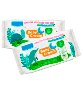 Tradineur - Toallitas húmedas para bebé Baby Cream - Incluye 60 Unidades - Material Natural - Biodegradable - Incluye tapa.