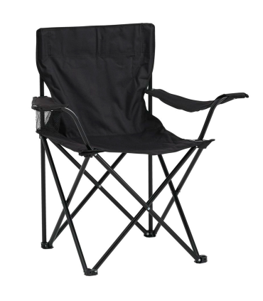 Tradineur - Silla de camping plegable con reposabrazos y portavasos, acero y poliéster, incluye bolsa de transporte, máximo 120 kg, acampada, pesca, jardín (Negro - 80 x 49 x 48 cm)