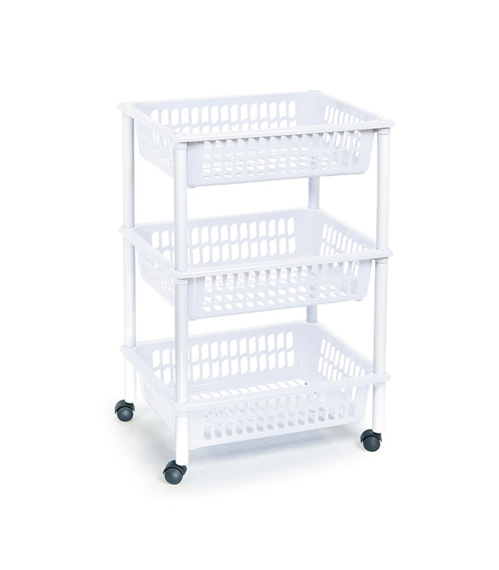 Tradineur - Carro verdulero blanco modelo PLFT con ruedas 3 cestas 40 x 30 x 61,5 cm . Carrito portaobjetos estantes multiusos para organizar los espacios domésticos