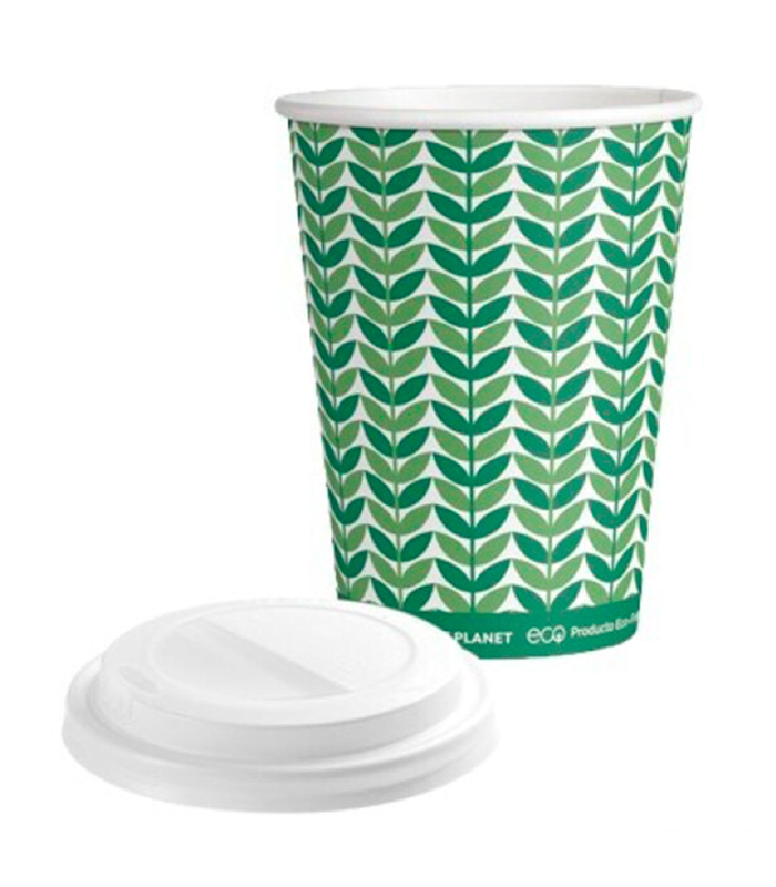 Tradineur - Pack de 25 vasos de cartón con tapa drink, biodegradables, reciclables, bebidas calientes y frías, apilables, eco-friendly, 250 ml