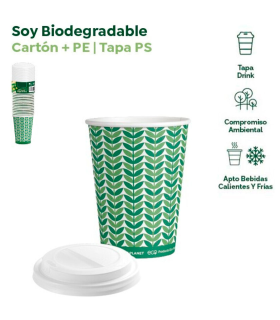 Tradineur - Pack de 25 vasos de cartón con tapa drink, biodegradables, reciclables, bebidas calientes y frías, apilables, eco-friendly, 250 ml