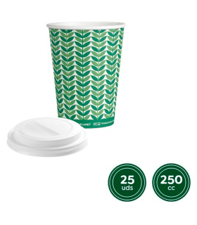 Tradineur - Pack de 25 vasos de cartón con tapa drink, biodegradables, reciclables, bebidas calientes y frías, apilables, eco-friendly, 250 ml