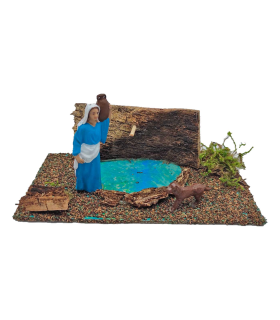 Tradineur - Figura para belén navideño con agua y animales 9 x 18 x 9 cm, corcho y resina, personajes para nacimiento, pesebre, navidad, decoración tradicional, modelo aleatorio