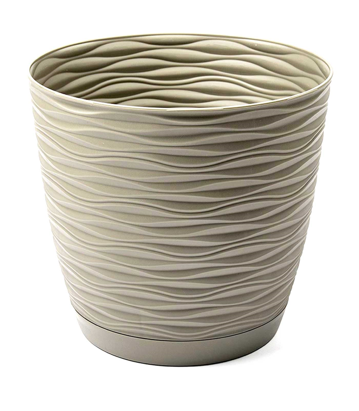 Tradineur - Maceta redonda con plato - Diseño Wind (Ø 19 cm) - Fabricado en plástico - Ideal para jardín exterior, terraza o balcón - Color Beige