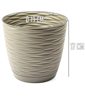 Tradineur - Maceta redonda con plato - Diseño Wind (Ø 19 cm) - Fabricado en plástico - Ideal para jardín exterior, terraza o balcón - Color Beige