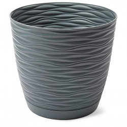 Tradineur - Maceta redonda con plato - Diseño Wind (Ø 23 cm) - Fabricado en plástico - Ideal para jardín exterior, terraza o bal