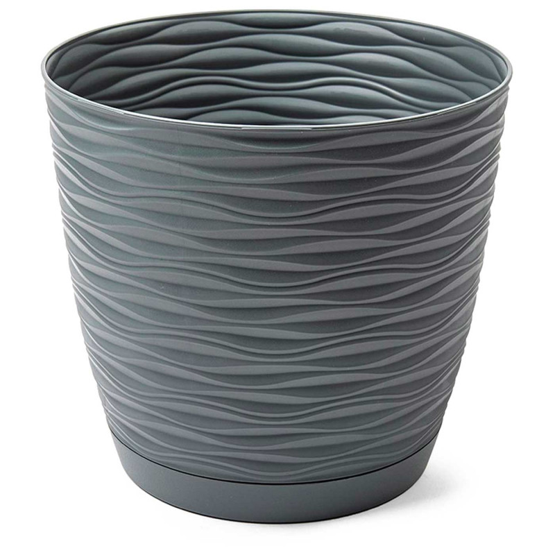 Tradineur - Maceta redonda con plato - Diseño Wind (Ø 23 cm) - Fabricado en plástico - Ideal para jardín exterior, terraza o bal Tradineur - Maceta redonda con plato - Diseño Wind (Ø 23 cm) - Fabricado en plástico - Ideal para jardín exterior, terraza o bal