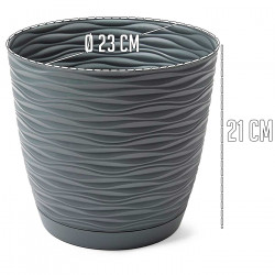 Tradineur - Maceta redonda con plato - Diseño Wind (Ø 23 cm) - Fabricado en plástico - Ideal para jardín exterior, terraza o bal