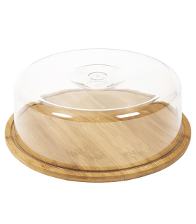 Quesera redonda con tapa de plástico y base de madera 28 x 9,4 cm. Recipiente para conservar queso o embutidos