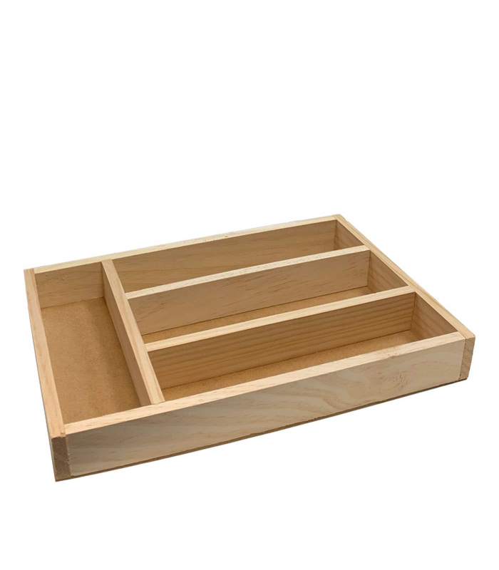 Cubertero, organizador de cubiertos de madera 31,3 x 20,4 x 4.1 cm, 4 compartimentos. Bandeja, porta utensilios de madera para cajón cocina