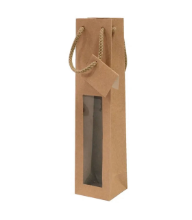 Tradineur - Pack de 6 bolsas de papel con ventana para botella de vino, asas de cuerda, guardar, regalar, envolver champán, Navidad (Marrón, 36 x 14 x 8 cm)