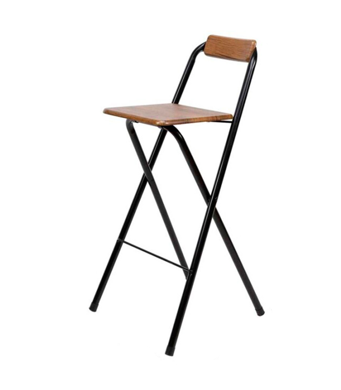 Tradineur - Taburete bar metálico plegable con asiento y respaldo de madera, reposapiés, banqueta, silla, interior, cocina, hogar (Negro y marrón oscuro, 100 cm)