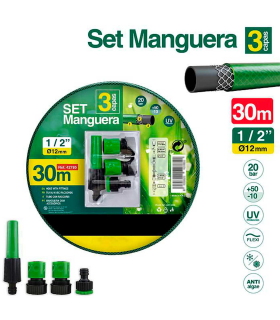 Tradineur - Manguera de riego flexible 3 capas con accesorios, regar jardín, huerto, coche, labores agrícolas, 20 bar, Ø12 mm, 30 m