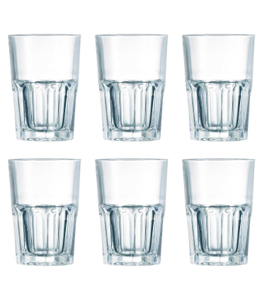 Tradineur - Set de 6 vasos "new america" con capacidad de 40 cl, de 8,5 cm de diámetro y 12 cm de alto. Pack de 6 vasos especiales para refresco, con base gruesa facetada, hogar, hostelería