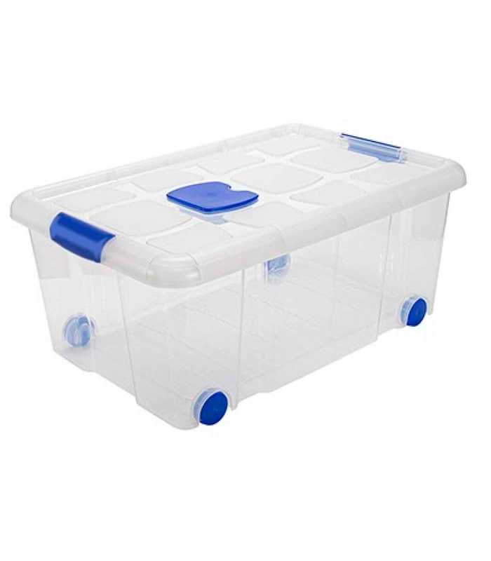 Tradineur - Caja de plástico nº3  transparente con ruedas de 25,7 x 59  x 40,5 cm, 36 litros, baúl con tapa para organización del hogar, arcón de plástico