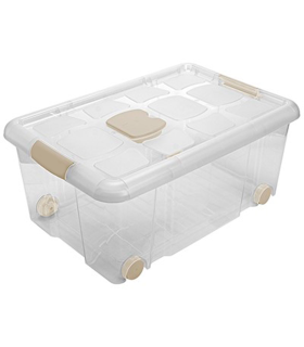 Tradineur - Caja de plástico nº3  transparente con ruedas de 25,7 x 59  x 40,5 cm, 36 litros, baúl con tapa para organización del hogar, arcón de plástico