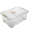 Tradineur - Caja de plástico nº3  transparente con ruedas de 25,7 x 59  x 40,5 cm, 36 litros, baúl con tapa para organización del hogar, arcón de plástico