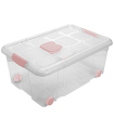 Tradineur - Caja de plástico nº3  transparente con ruedas de 25,7 x 59  x 40,5 cm, 36 litros, baúl con tapa para organización del hogar, arcón de plástico