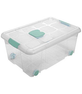 Tradineur - Caja de plástico nº3  transparente con ruedas de 25,7 x 59  x 40,5 cm, 36 litros, baúl con tapa para organización del hogar, arcón de plástico