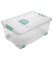 Tradineur - Caja de plástico nº3  transparente con ruedas de 25,7 x 59  x 40,5 cm, 36 litros, baúl con tapa para organización del hogar, arcón de plástico