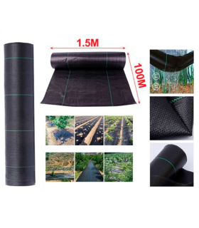 Tradineur - Malla antihierbas, tela protectora contra malas hierbas en rollo, polipropileno, permeable, resistente al desgaste y desgarro, contra UV (Negro - 1,5 x 100 m)