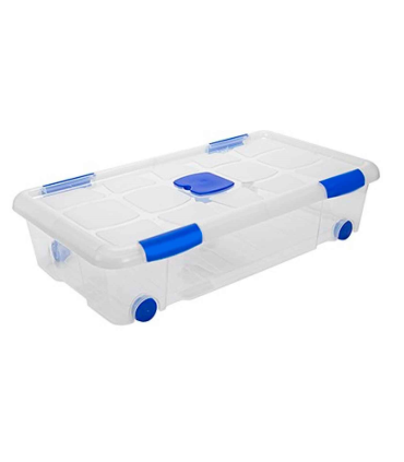 Tradineur - Caja de plástico nº 11 transparente con ruedas de 17 x 73,2 x 41,2 cm, 30 litros, baúl con tapa para organización del hogar, arcón de plástico