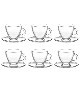 Tradineur - Pack de 6 tazas de cristal con plato, tacitas para café, té, infusiones, diseño clásico, aptas para lavavajillas - 95 ml