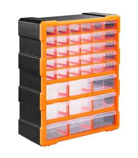 Tradineur - Caja organizadora de herramientas, multiclasificador con 39 cajones dobles transparentes, plástico, modulo, estante para tornillos, bricolaje - 47,5 x 38 x 16 cm