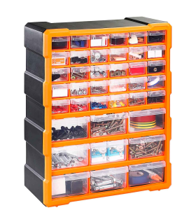 Tradineur - Caja organizadora de herramientas, multiclasificador con 39 cajones dobles transparentes, plástico, modulo, estante para tornillos, bricolaje - 47,5 x 38 x 16 cm