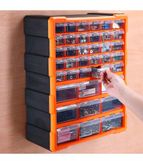 Tradineur - Caja organizadora de herramientas, multiclasificador con 39 cajones dobles transparentes, plástico, modulo, estante para tornillos, bricolaje - 47,5 x 38 x 16 cm