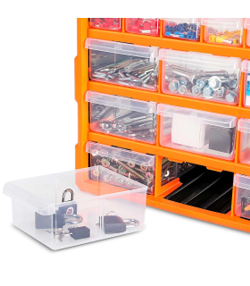 Tradineur - Caja organizadora de herramientas, multiclasificador con 39 cajones dobles transparentes, plástico, modulo, estante para tornillos, bricolaje - 47,5 x 38 x 16 cm