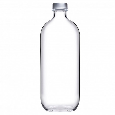 Tradineur - Botella de vidrio de 1 litro, tapón de acero, agua fría o caliente, bebidas, té helado, limonada, frigorífico, campi
