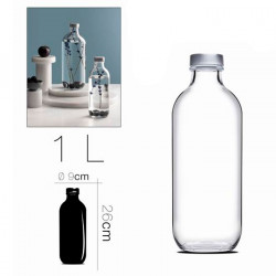 Tradineur - Botella de vidrio de 1 litro, tapón de acero, agua fría o caliente, bebidas, té helado, limonada, frigorífico, campi