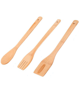 Tradineur - Set de 3 utensilios de cocina de bambú, paleta, tenedor y cuchara, incluyen agujero para colgar, material sostenible - 30 cm