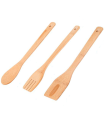 Tradineur - Set de 3 utensilios de cocina de bambú, paleta, tenedor y cuchara, incluyen agujero para colgar, material sostenible - 30 cm