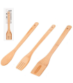 Tradineur - Set de 3 utensilios de cocina de bambú, paleta, tenedor y cuchara, incluyen agujero para colgar, material sostenible - 30 cm