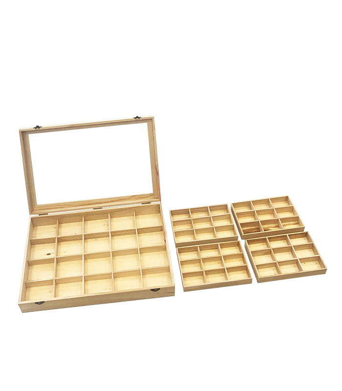 Caja de madera, 56 compartimentos en 2 niveles, tapa con cristal 7,8 x 44,8 x 29,8 cm, 4 bandejas removibles, expositor joyas, organizador, joyero, collares, brazaletes, pendientes, relojes