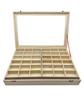 Caja de madera, 56 compartimentos en 2 niveles, tapa con cristal 7,8 x 44,8 x 29,8 cm, 4 bandejas removibles, expositor joyas, organizador, joyero, collares, brazaletes, pendientes, relojes