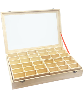 Caja de madera, 56 compartimentos en 2 niveles, tapa con cristal 7,8 x 44,8 x 29,8 cm, 4 bandejas removibles, expositor joyas, organizador, joyero, collares, brazaletes, pendientes, relojes