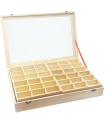 Caja de madera, 56 compartimentos en 2 niveles, tapa con cristal 7,8 x 44,8 x 29,8 cm, 4 bandejas removibles, expositor joyas, organizador, joyero, collares, brazaletes, pendientes, relojes